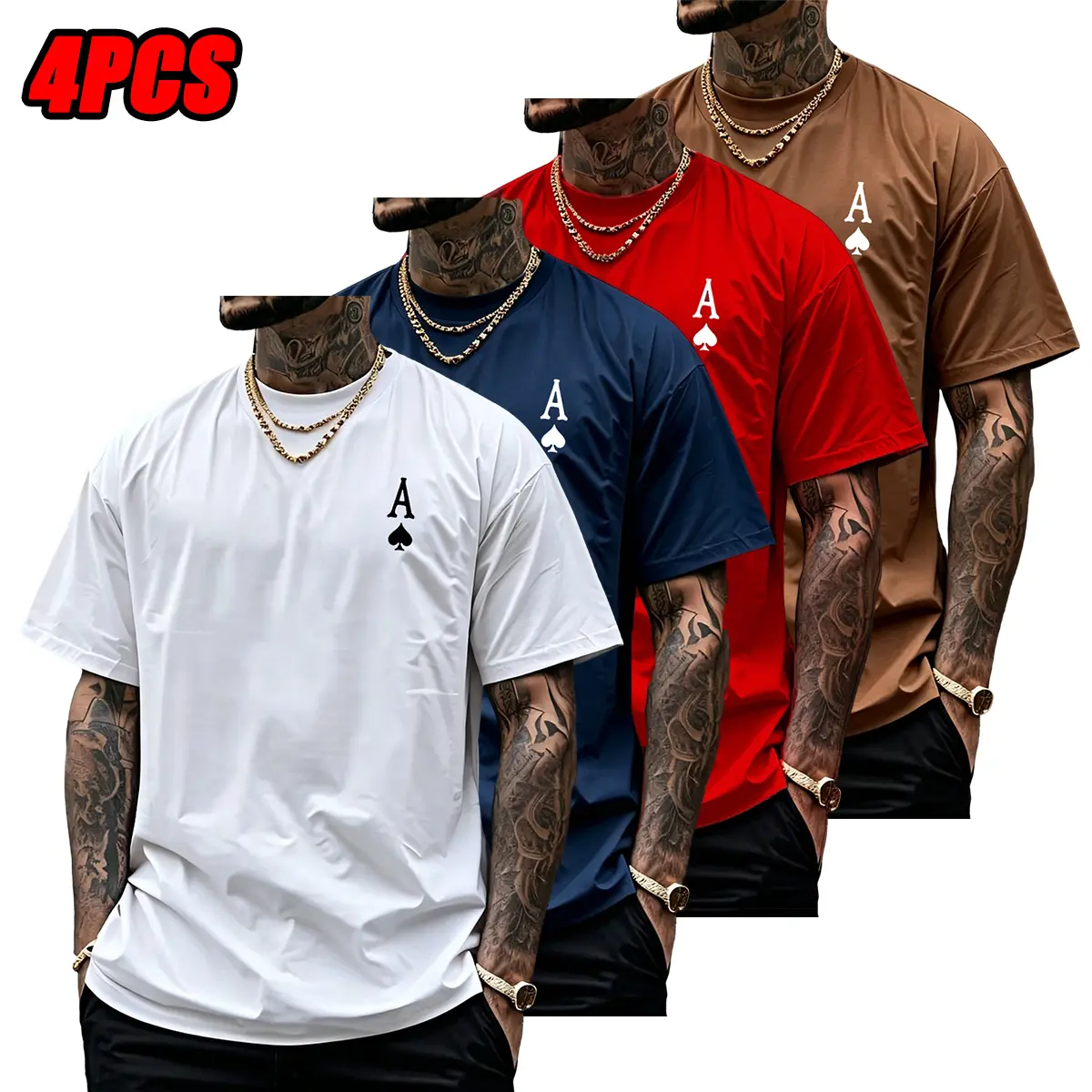 Men’s 4-pack crewneck T-shirts with a playing card print, black double-sided “A”-shaped print T-shirts, soft and breathable, loose casual short sleeves, street style, menswear, Father’s Day gift