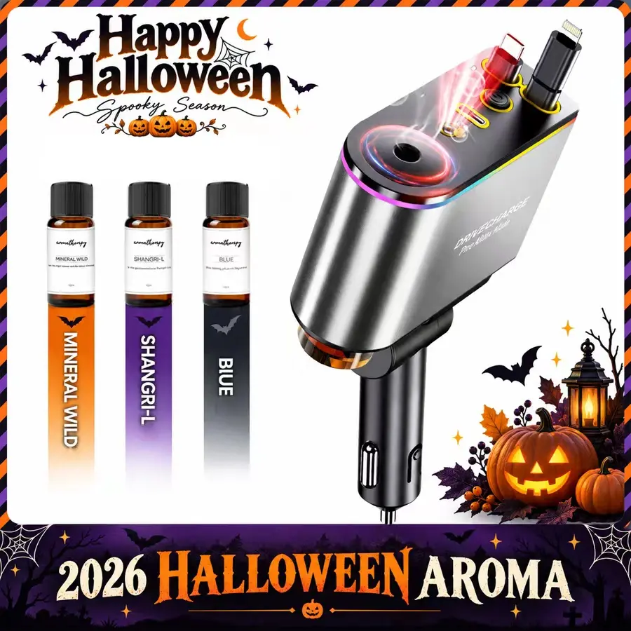 6-in-1 Retractable Car Charger & Air Freshener - 66W Fast Charging Dual Type-C/Lightning Adapter w/ Starlight Projector Mood Light & Aromatherapy Diffuser, for iPhone/Samsung/Google, Includes  Perfumes, Halloween Gift for Men
