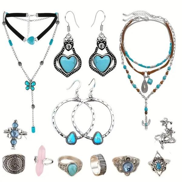 13 Bohemian Western Style Synthetic Turquoise Necklaces, Earrings, Bracelets, And Ring Sets For Women'S Daily Vacations, Party Wear, Jewelry, Holiday Gifts