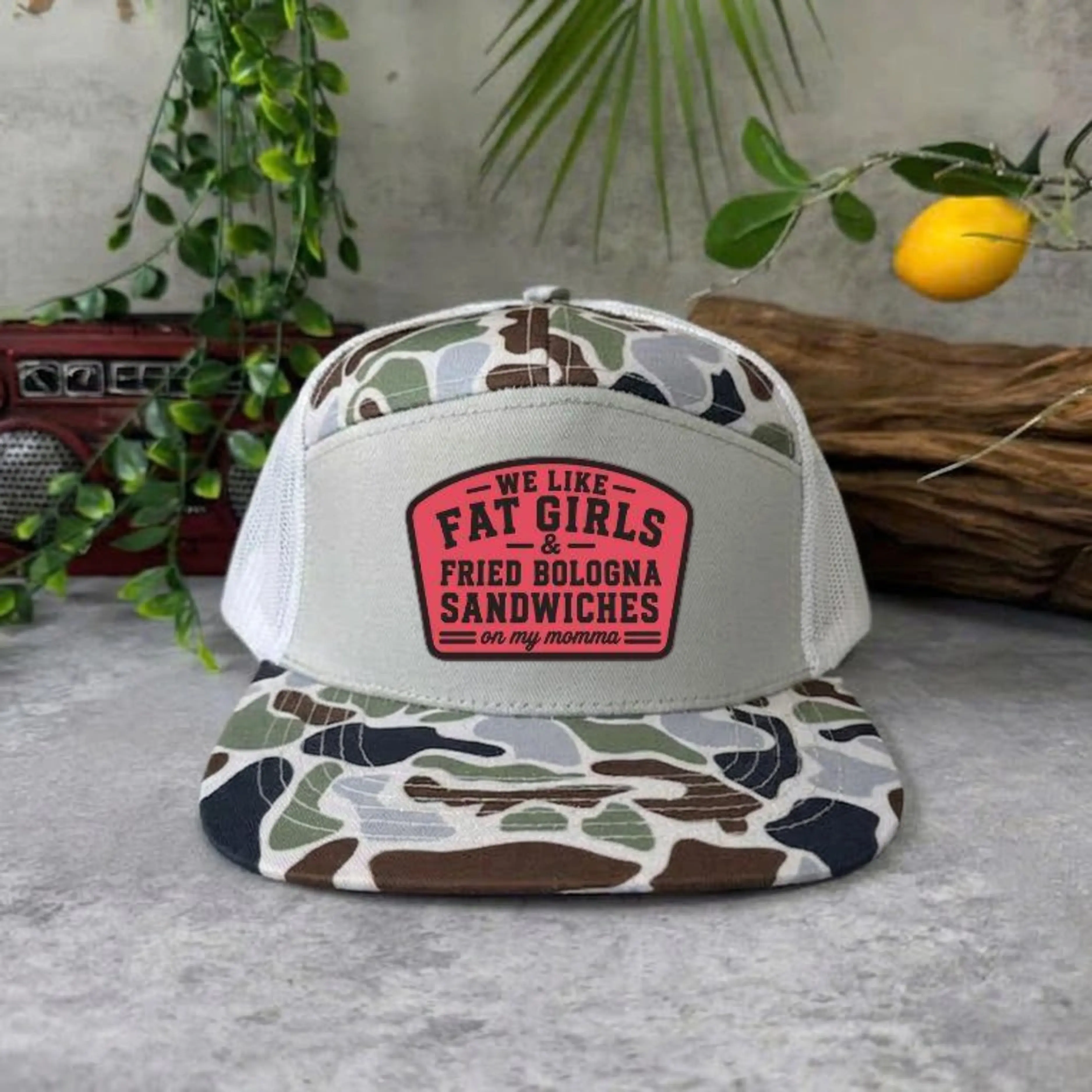 We Like Fat Girls & Fried Bologna Sandwiches Trucker Hat, Funny Camo Mesh Snapback Cap, Adjustable Unisex Southern Country Gift Daily Wear