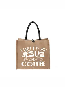 Simple Linen Tote Bag, Printed Handbag"Fueled by Jesus and Coffee" Jute Tote Bag - Stylish Brown Reusable Grocery Bag with Black Handles and Snap Closure, Perfect for Faith, Coffee Lovers, and Everyday Errands, Eco-Friendly Design.Large Capacity, R
