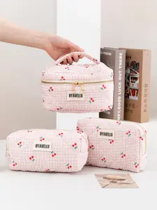 3-Piece Large Capacity Travel Makeup Bag Set, Quilted Cherry Plaid Zipper Portable Cosmetic Pouch, Cute Girls' Storage Bag
