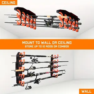1 Pair Space Savings Rod Holders Fishing Pole Rack | Wall or Ceiling Mounted Rod Finisher with Soft TPU Protective Pad, ABS Plastic Rod Storage for Seawater, Spins, Drops, and Tow Rod Holders (up to 5 rods), Tackles, and Reel Wheels, Rod Clip