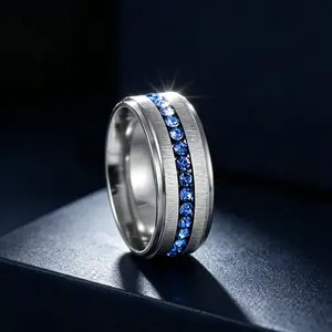 Sleek Silvery-Tone Band Ring with Blue Inlaid Accents, Brushed & Polished Finish, Comfort Fit for Men & Women, Perfect for Daily Wear, Weddings or as a Modern Statement Piece with a Cool, Refined Vibe