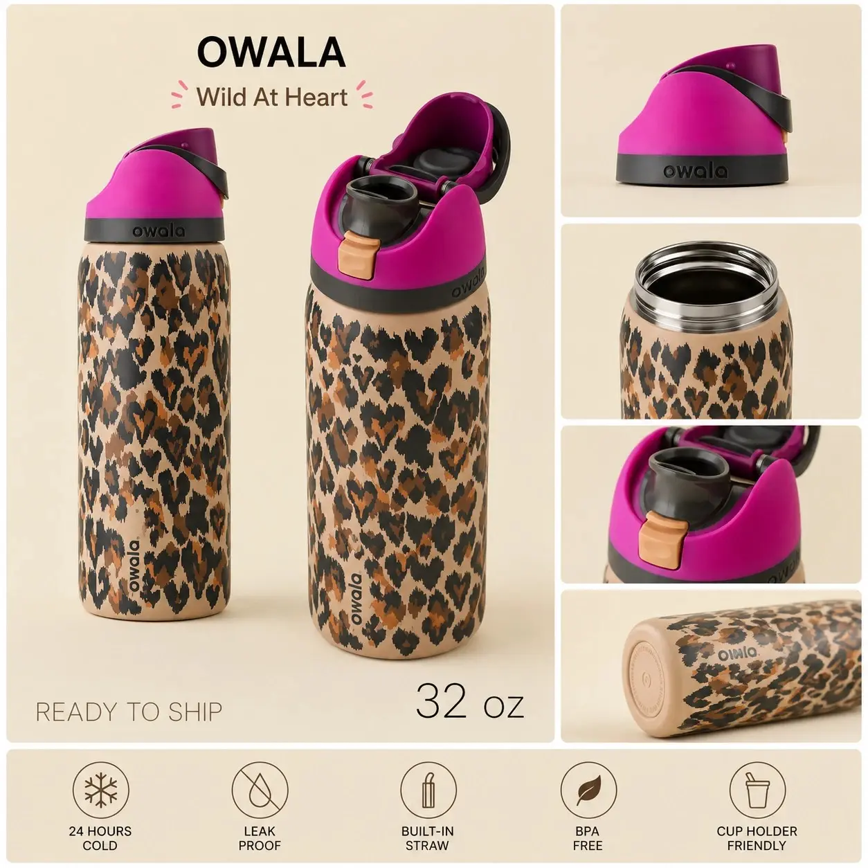 Owala UO Exclusive Wild At Heart FreeSip 32 oz Water Bottle – Limited Edition Cheetah Leopard Print, Double Wall Vacuum Insulated Stainless Steel, Leak Proof Travel Bottle
