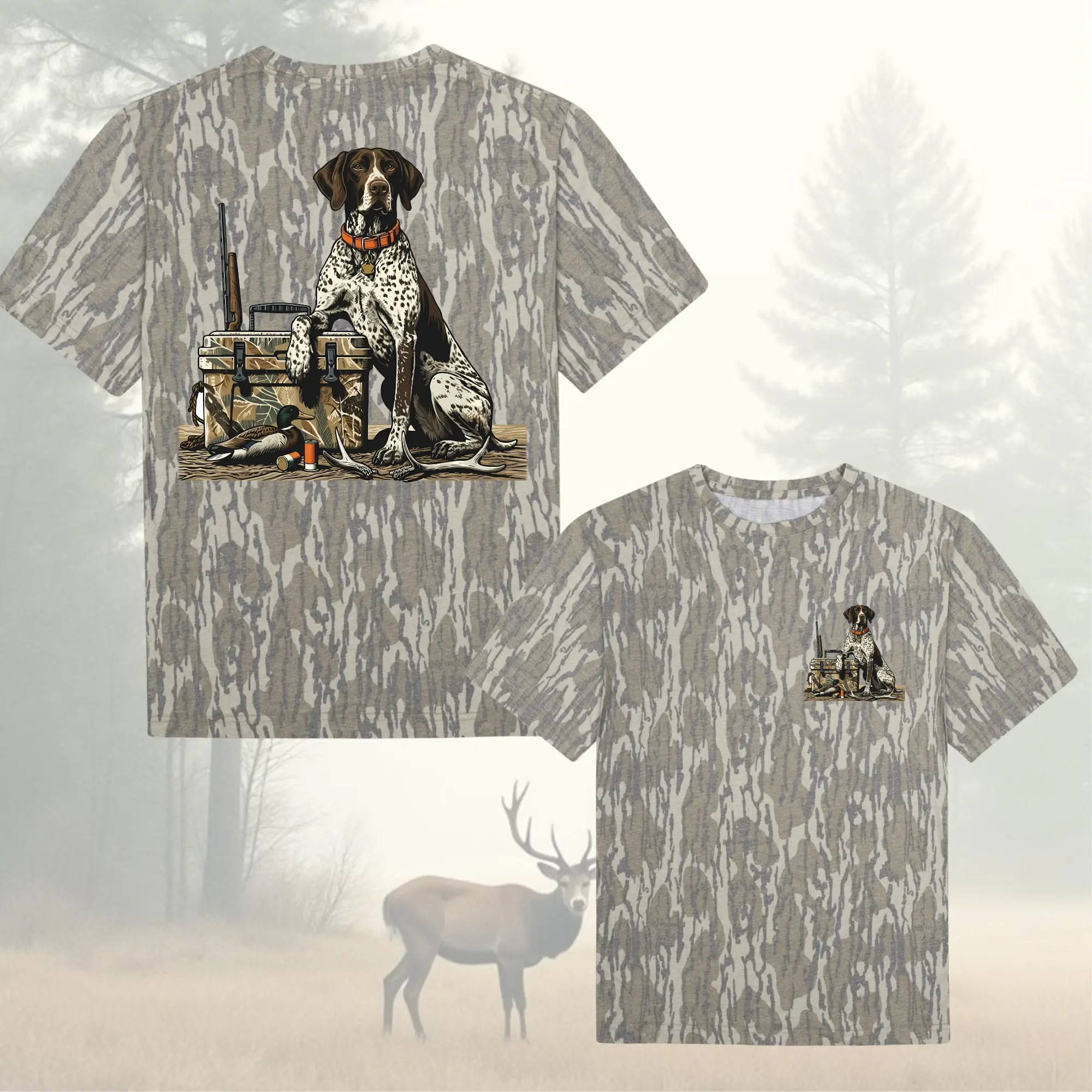 GSP Men's Camo Hunting Dog Graphic T-Shirt | Vintage Outdoor Short Sleeve Crew Neck Casual Tee