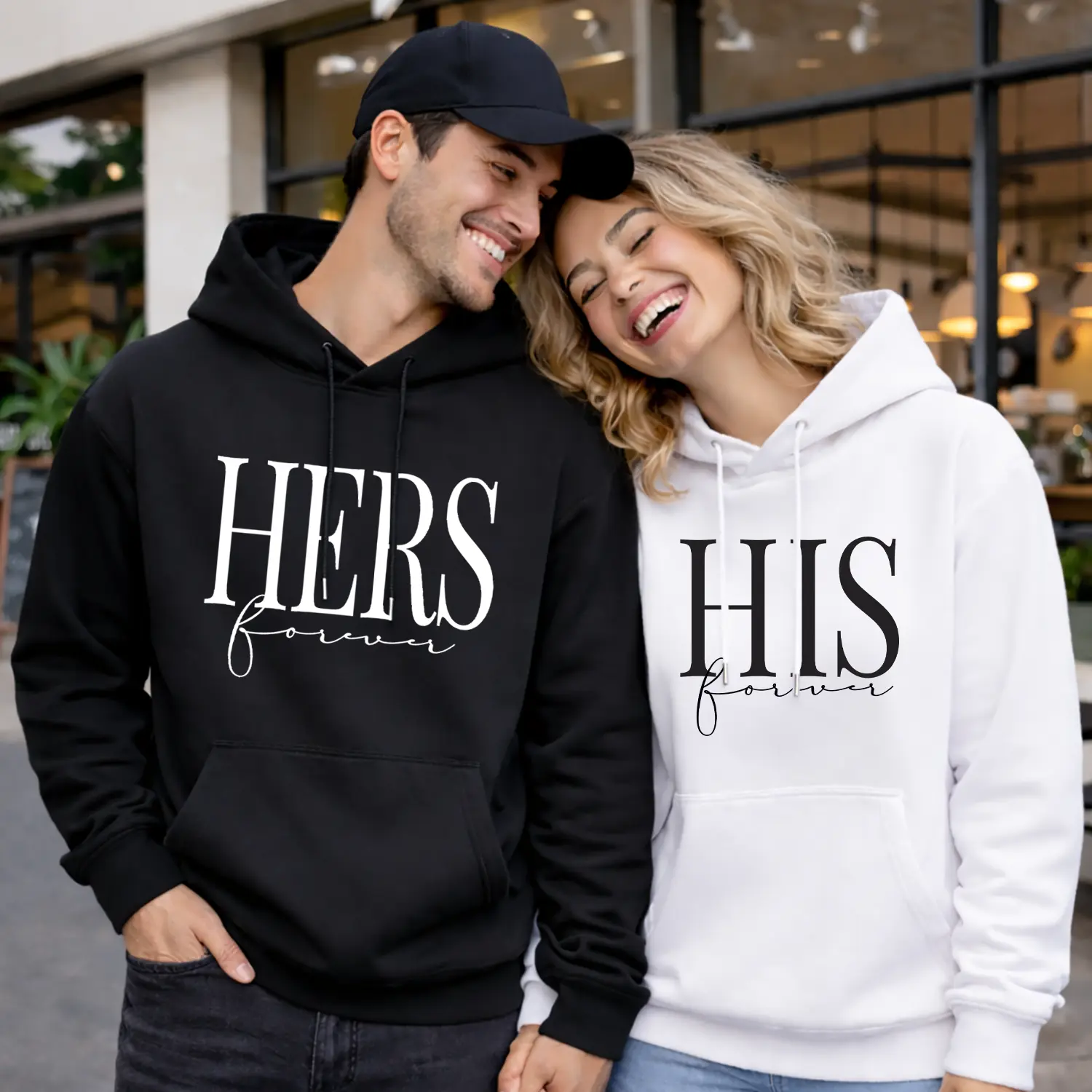 Men's Black Ribbed Loose-Fit Cotton-Polyester Long-Sleeve Hoodie - Valentine's HERS & HIS Forever Matching Set, Natural Soft Windproof Fabric, Daily Wear Streetwear, Romantic Casual Tops for Couples, Sporty