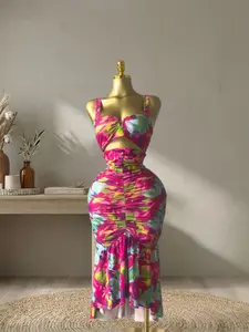 QFAF Women Printed, Floral, Cutout Spaghetti Strap Tiered Maxi Dress Spring Summer Casual Long Dress, Boho Style Flowy Long Dress for Holiday, Vacation Beach Outfit, Bohemian Vestidos for Women, 2026 Summer Dress for Daily Wear