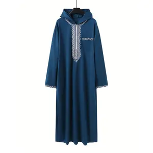 [Islamic Hooded Thobe] Men's Islamic Hooded Arabic Thobe Robe with Full-Length Zipper & Embroidery - Loose Fit Muslim Abaya Suitable for Hajj, Umrah, Daily Wear - Soft Fabric Moroccan Qamis