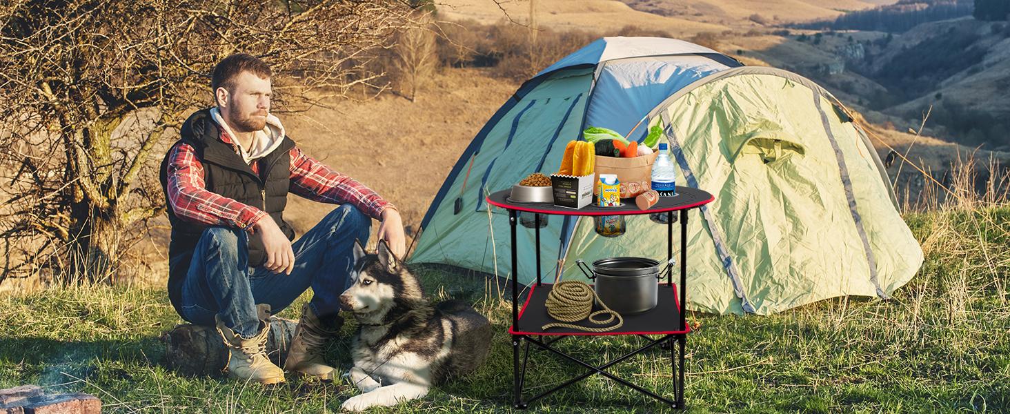 Lightweight Portable Folding Camping Table with Waterproof Canvas Aluminum Frame 4 Cup Holders Double Shelves Carry Bag for Camping Beach Tailgating Outdoor Activities