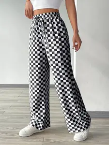 Women's Plaid Wide Leg Pants, Casual Loose Long Trousers, Casual Fashion Trousers, All Season Sports Pants with Elastic Waistband