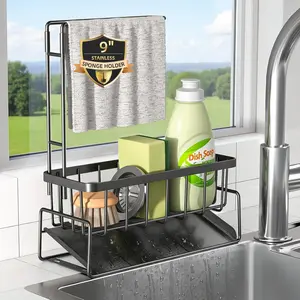Sponge Holder for Kitchen Sink, Kitchen Sink Organizer with Towel Rack, Rustproof 201 Stainless Steel Sink , Kitchen Accessories and Decor