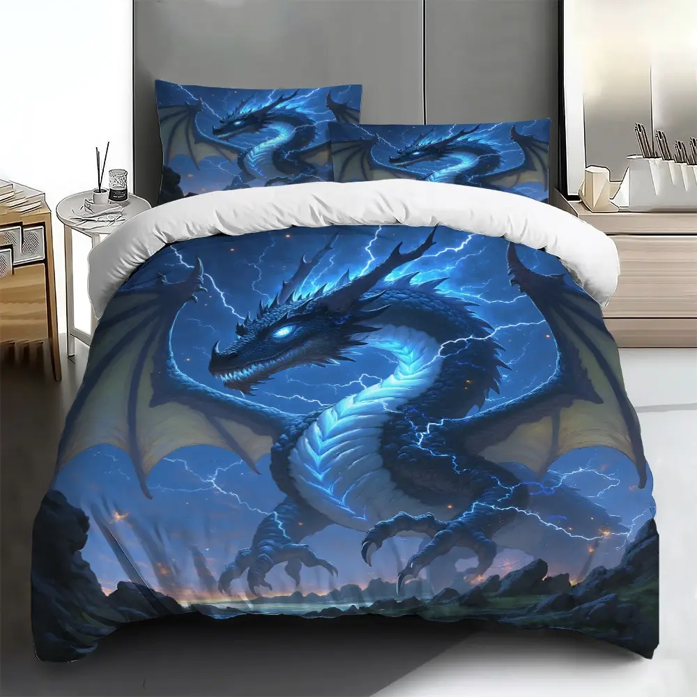 Three-piece bedding set - 2pcs/3pcs 2D Flat Blue Dragon and Lightning Pattern Duvet Cover Set (1 duvet cover + 1/2 pillowcases, no insert), printed bedding set, soft and comfortable, suitable for family bedrooms and guest rooms, suitable for all seasons.