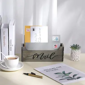 Gray Wood Crate Style Mail Sorter Box with Black Cursive "Mail" Writing