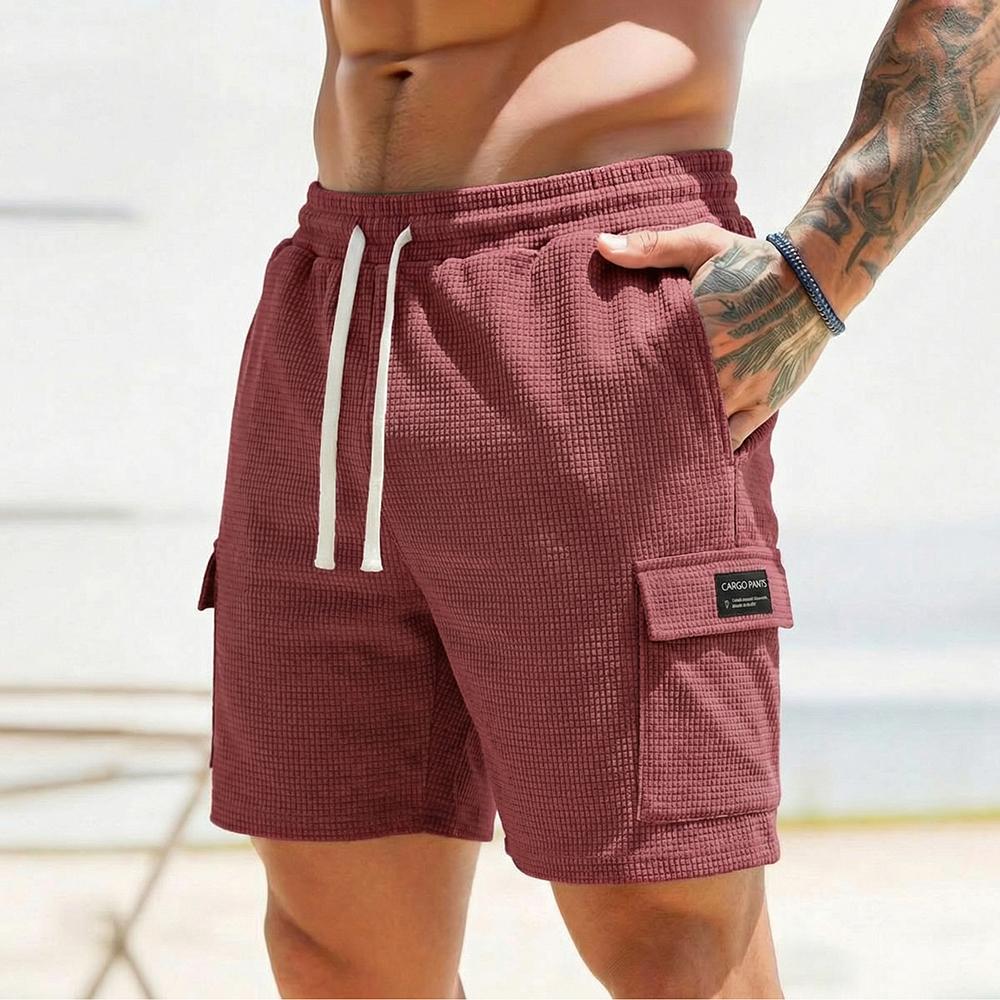 3-pack men’s waffle cargo shorts with a drawstring elastic waistband—breathable and comfortable, slimming and versatile, featuring textured fabric and multiple pockets—ideal for everyday summer outings.