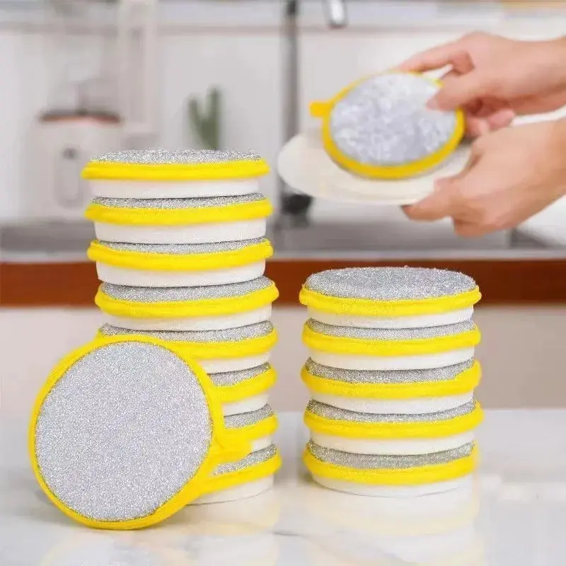 Yellow 1.5 5Pcs Nylon Double-Sided Kitchen Cleaning Cloth - Water-Absorbent, Oil-Resistant Eco-Foam Dishwashing Sponge Brush for Desk Hang & Household Cleaning Supplies