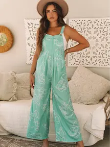 Women's Moonlight Jade Floral Print Button-Front Wide Leg Bib Overalls