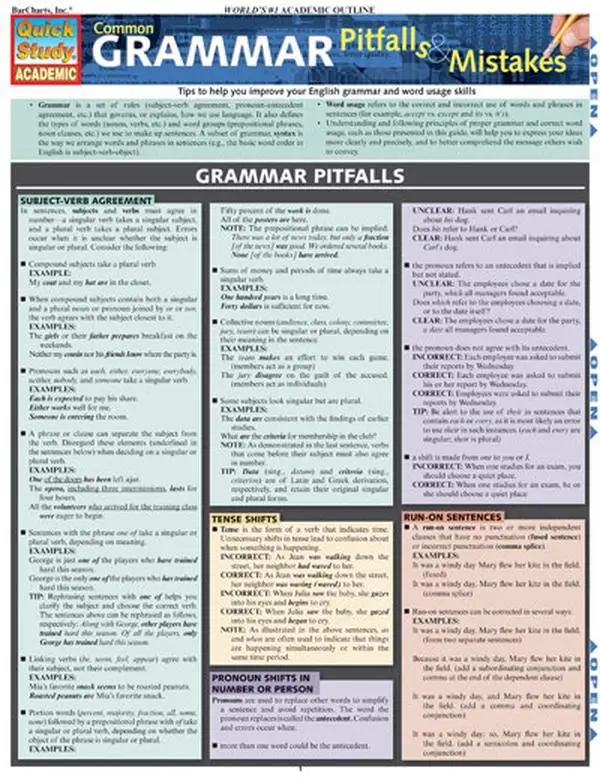 QuickStudy Academic English Grammar Guide - BarCharts Inc. 9781423214212, 3-Panel 6-Page Resource, Common Grammar Pitfalls & Mistakes, Study Tool for Language Learning