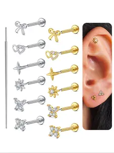 Stainless Steel Cubic Zirconia Earrings, 20g Push-In Studs, Heart Butterfly Design, Unisex Cartilage Ear Piercings, Fashion Jewelry Gift