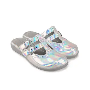 Hot Chocolate Design Chrome Crush Women's Clog Metallic Iridescent Finish Classic Mary Jane Silhouette Double Adjustable Buckle Straps Vegan Comfort Slip-On
