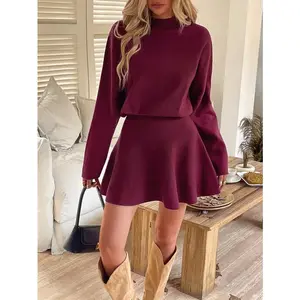 Women's Solid Color Knit Co-ord Set - Mock Neck Top & Flared Mini Skirt, Ultra-Soft Skin-Friendly Stretchy Fabric, Viral Vintage Aesthetic, Must-Have for Autumn/Winter Dates & Casual Daily Looks #KnitSet #VintageFashion #CozyEssentials