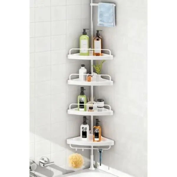 Adjustable Tension Pole Shower Caddy, 4-Tier Stainless Steel Organizer with Shelves, Rust-Proof Floor-Standing Storage Rack with Silicone Parts, Easy Installation for Bathroom Tub – Holds Shampoo, Plastic Pump Bottles