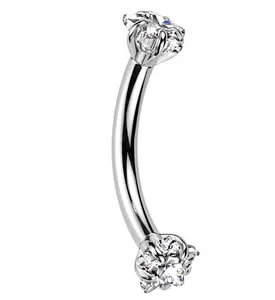Double Prong Star Clear CZ Internally Threaded Titanium Curved Barbell