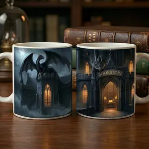 Dragon and Book Castle Mug, Faux 3D Effect, Book Lover Gift, Gift Idea for Book Fans, Book Store Mug