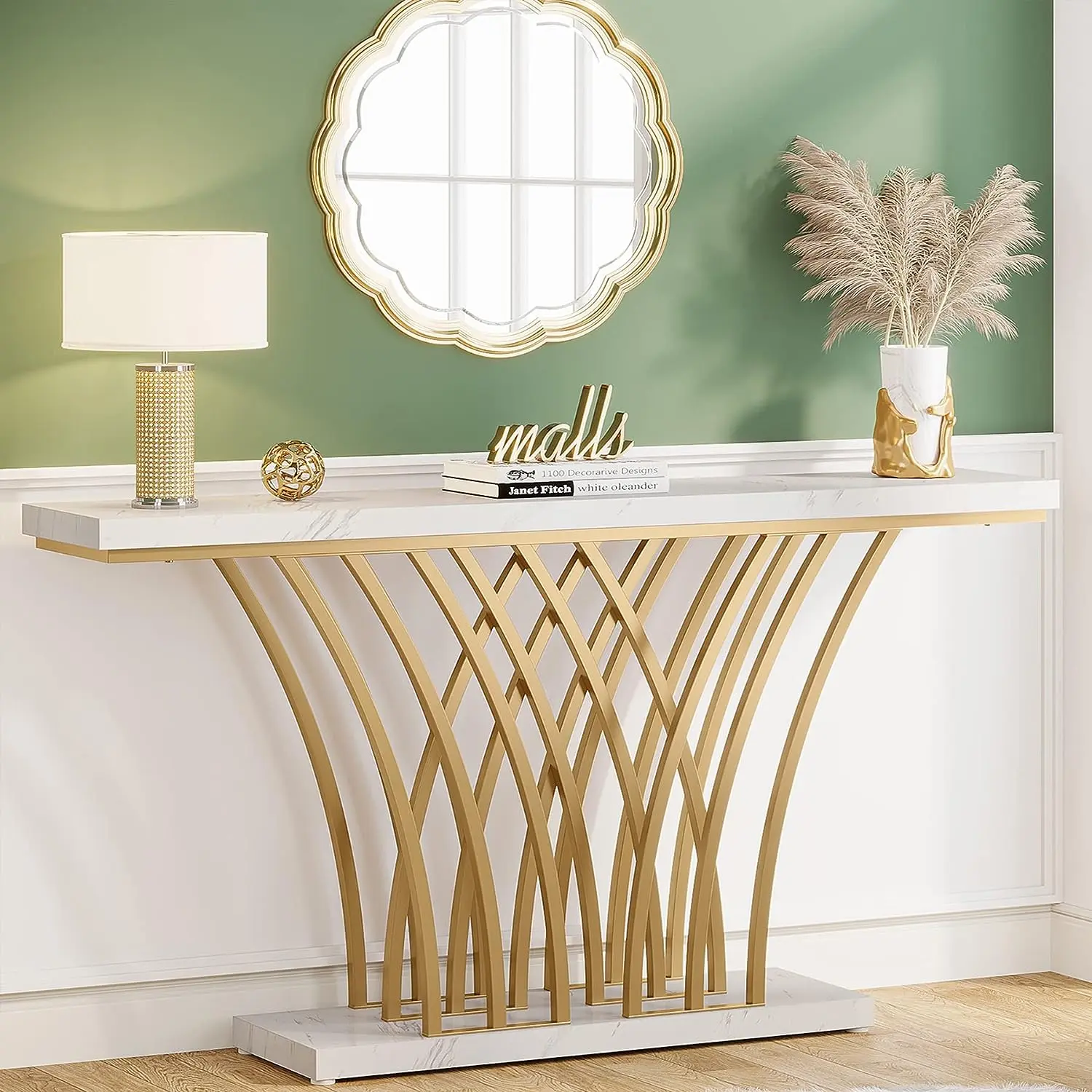 Tribesigns 59 inch Gold Console Table, Modern Entryway Table with White Faux Marble Toptable Tribesigns 59 inch Gold Console Table, Modern Entryway Table with White Faux Marble Toptable