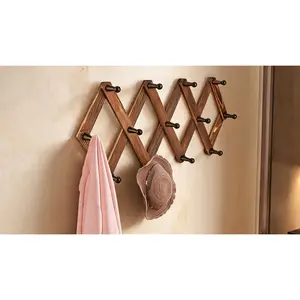 Expandable Multi-Purpose Peg Rack,Vintage Wooden Expandable Accordion Wall Hanger – Multi-Purpose Retractable Peg Rack with 13 Hooks for Hats, Coats, Mugs, Scarves and Jewelry Storage