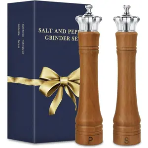 2 Pack-10 Inch Wood Salt and Pepper Grinder Set, Salt and Pepper Mill Set, Elegant Spice Shaker with Crown Lid, Kitchen Table Decor Adjustable Ceramic Core