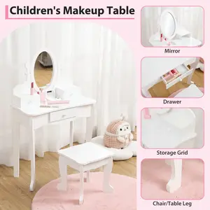 Kids Vanity Set with Adjustable Angle Mirror, Pretend Play Girls Vanity Table and Chair Set with Mirror, Stool, and Wood Makeup Playset, Pink,White