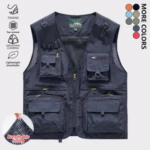 Men's lightweight quick-dry work vest, casual breathable solid-color tank jacket with multiple pockets and mesh lining, suitable for outdoor activities, fishing, hiking, and photography