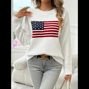 Women’s star and striped print drop-shoulder long-sleeve sweater; casual round-neck jumper for spring and autumn; fashionable women’s knitwear for everyday wear; blue women’s hoodie