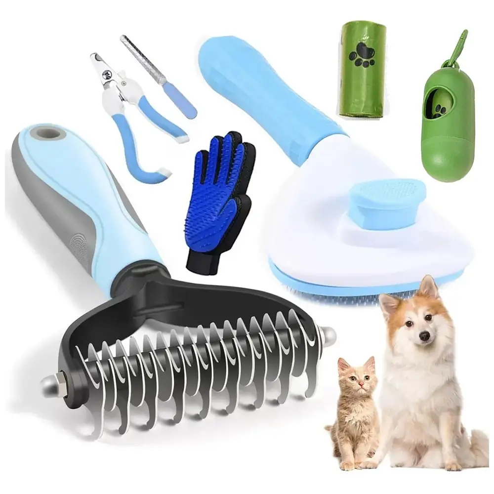 Dog Puppy Grooming Kit Set, Includes Self-Cleaning Brush, Nail Clipper, Nail File, Flea Comb, Bath Brush, Shedding Brush, Toothbrush