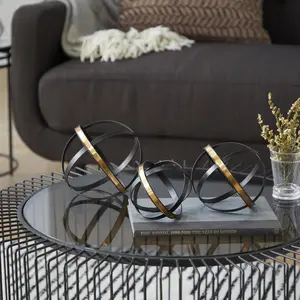 Set of 3 Geometric Black Metal Orb Decorative Sculpture with Gold Accents