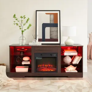 TV Stand Electric Fireplace TV Stand with Glass Shelves, 3D Fireplace TV Stand with LED Lights Wood with USB Charging Outlet Modern Television Table Center for TV up to 32-62" OAK 58''W*15.5''D*24.4, Led Strip Lights, Adjustable Colors