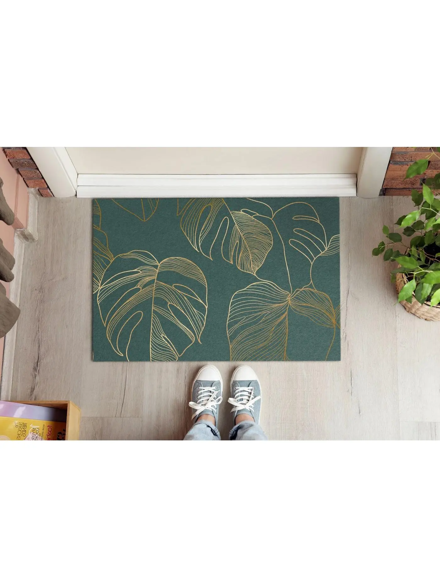 Gold Monstera Leaves Welcome Mat, Personalized Doormat, Funny Doormat, Abstraction Pattern, Green Entrance Mat