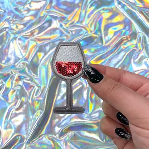 Glass of Wine with Sequin Patch Iron-On for Hats