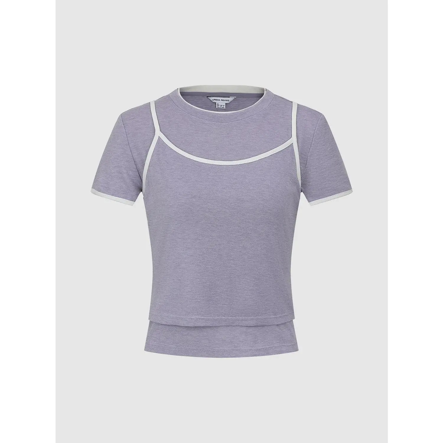 URBAN REVIVO Women's Slim-Fit 2-in-1 Contrast Round Neck Short-Sleeve Thin Wool Casual T-Shirt - 2026 Summer Collection, Clothes, Shortsleeve, Tshirt, Basic Look, Slight Stretch