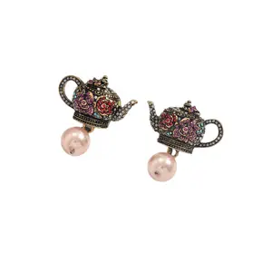 Vintage Teapot Dangle Earrings, Enamel Flower Pearl Drop Earrings, Retro Victorian Style Jewelry for Women