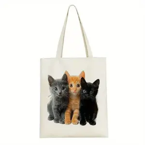 Cute Cat Print Canvas Tote Bag – Adorable Kitten Design, Reusable & Durable Shopping Bag for Travel, Work, or Everyday Use, White