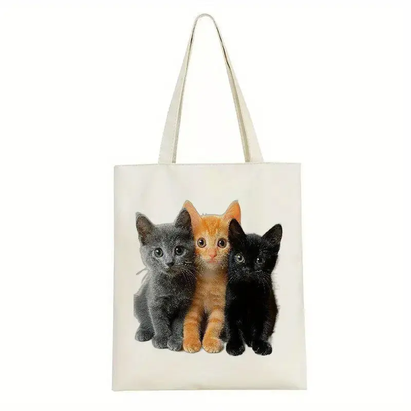 Cute Cat Print Canvas Tote Bag – Adorable Kitten Design, Reusable & Durable Shopping Bag for Travel, Work, or Everyday Use, White