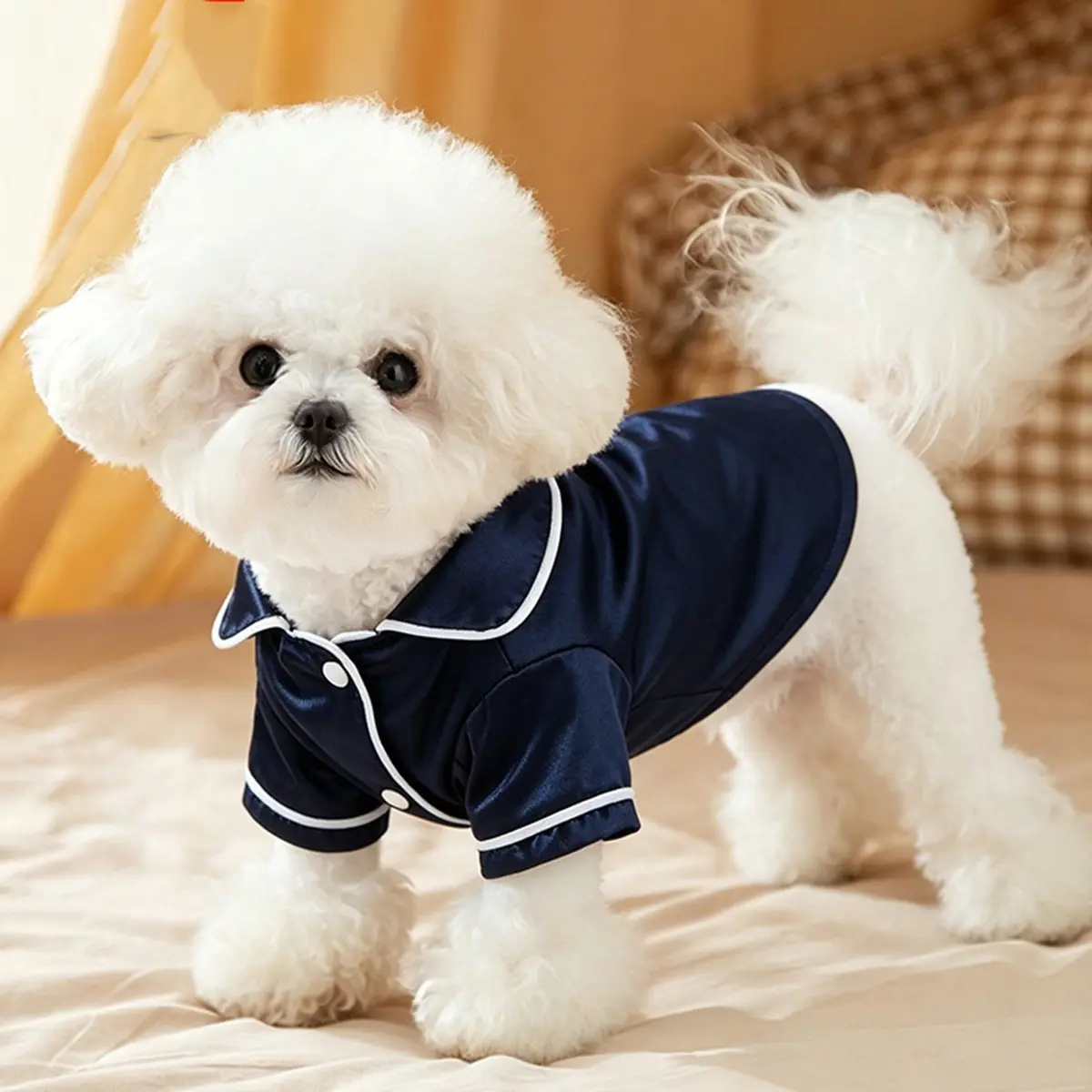 Cute Pet Pajamas for Dogs and Cats, Spring and Autumn Silk Two-Piece Button Design, Bichon Frise and French Bulldog Clothing, Puppy Clothes