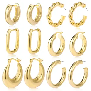 17 KM 6 Pairs Chunky  Hoop Earrings Set for Women  Hypoallergenic Thick Open Huggie Hoop Set Jewelry for Gifts