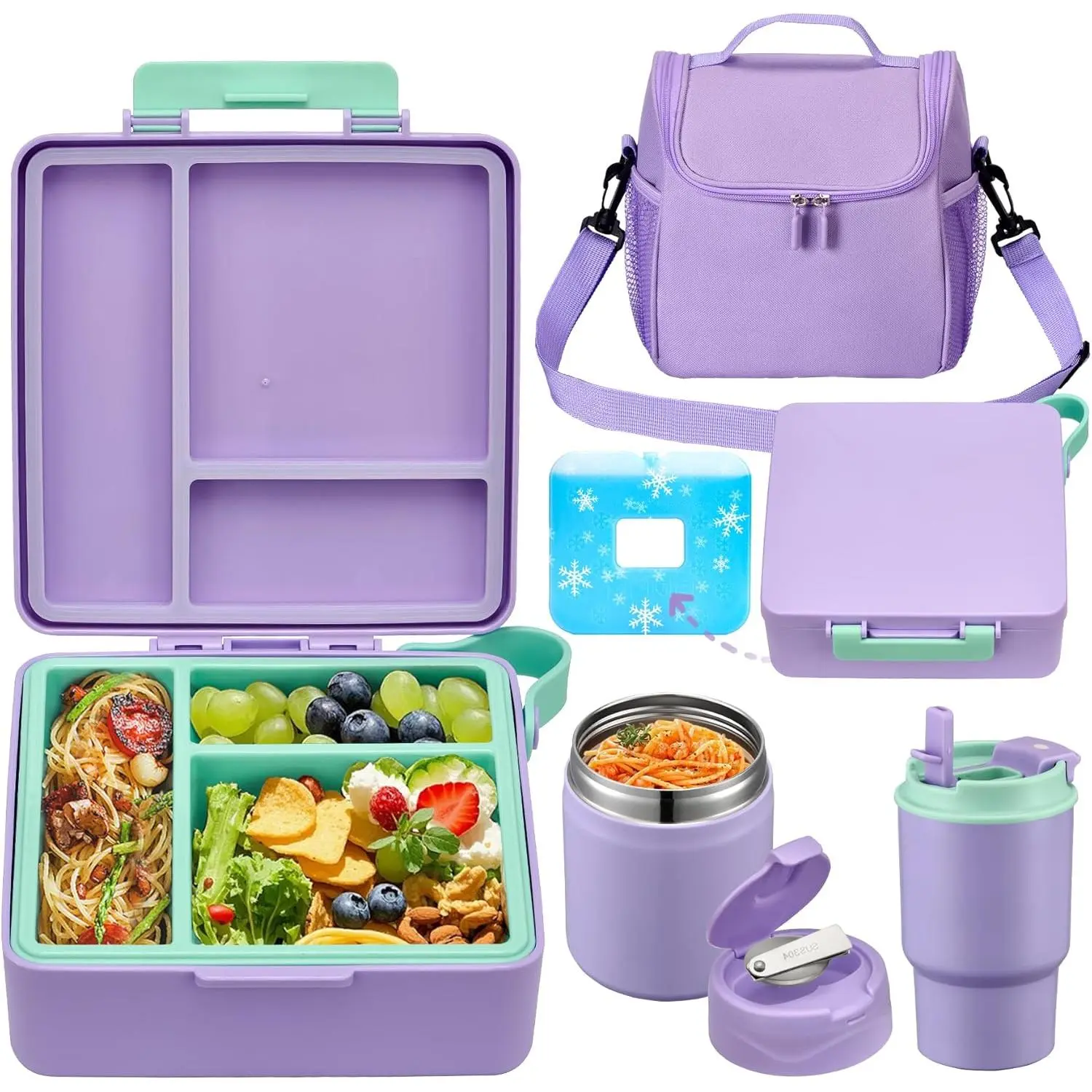 Bento Lunch Box for  with 17oz Soup Thermo,Insulated Tumbler Water Bottle and Insulated Lunch Bag,Leak-Proof 3 Compartment Lunch  Container with with Ice Pack for  to School-Purple