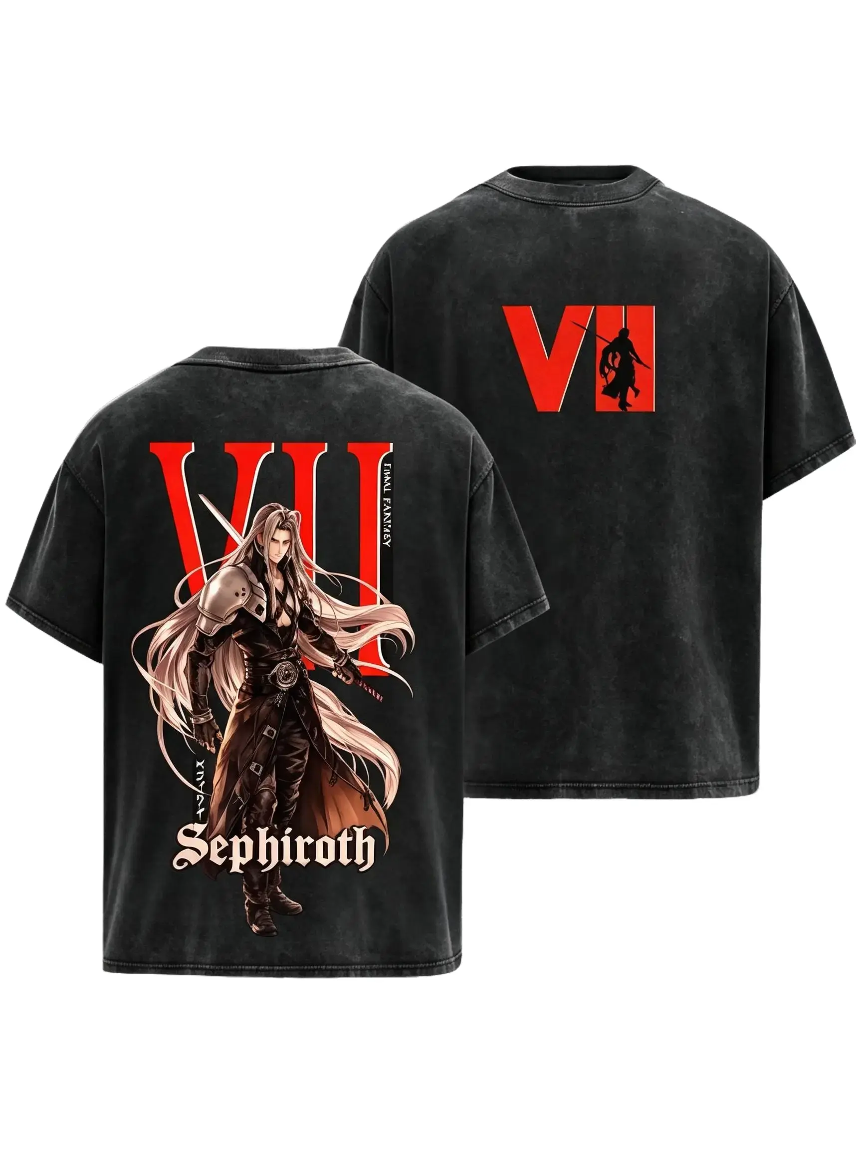 Final Fantasy VII Sephiroth T Shirt Men Vintage Washed Oversized Anime Graphic Tee Black Streetwear Top Y2K Fashion Casual Short Sleeve Shirt Retro Gaming Fan Gift