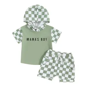Baby Boy Summer 2 Piece Outfits, Short Sleeve Letter Print Hooded Tops + Elastic Waist Checkerboard Shorts Infant Toddler Set