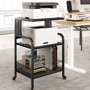 【GARVEE】Large Mobile Printer Stand with Power Outlets and USB Charging Ports, Adjustable 3-Tier Rolling Printer Cart with Wheels, Rustic Black, Perfect for Home Office Organization
