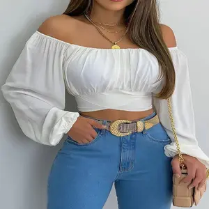 Aria Muse Women Sexy Off Shoulder Blouse Chic and Elegant Printing Lantern Long Sleeve Lace Up Bow Cropped Tops Casual Slim Shirts 2026